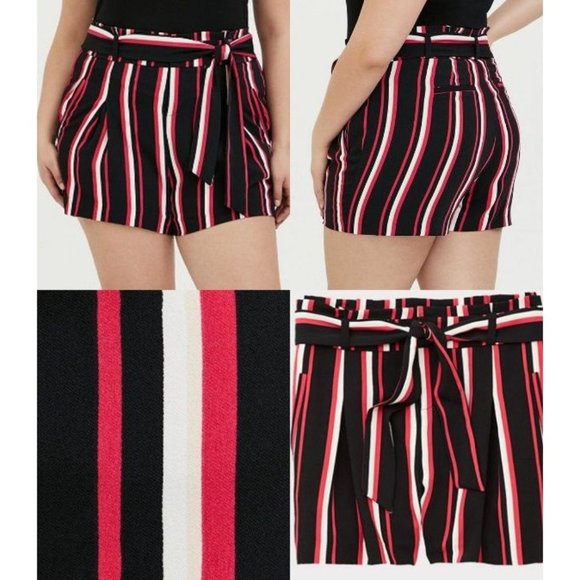 Torrid Size 16 Shorts Belt Crepe Paperbag High Waist Stretch Stripe Black Pink - Picture 8 of 8